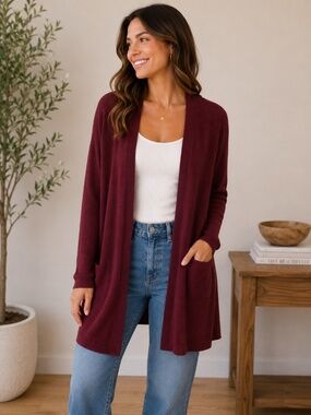 Devotion by Cyrus Women’s Wine Red Open Front Cardigan, size Large